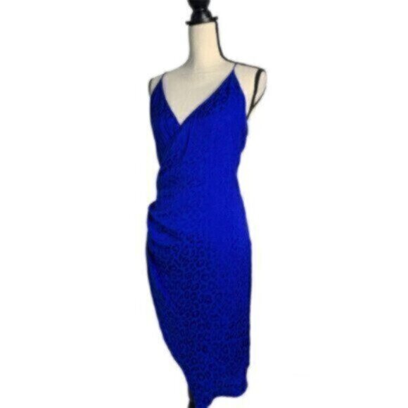 NWT Cushnie Royal Blue Leopard Cheetah Satin Wrap Dress - Picture 6 of 13